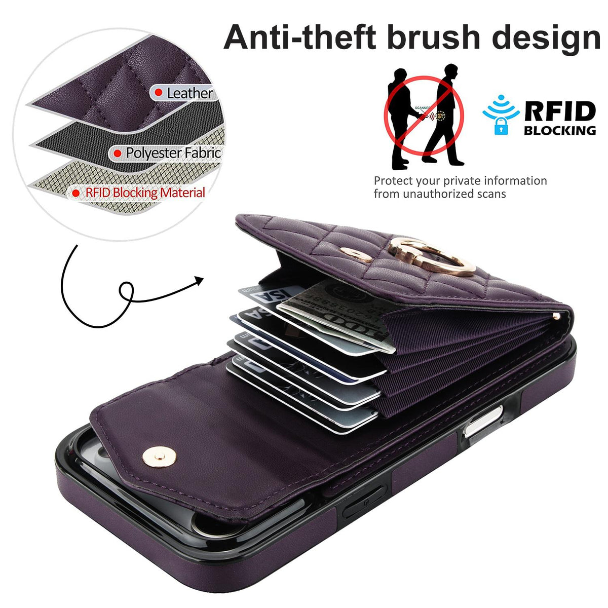 Compatible with iPhone 18 Pro Max & 17 Pro Max Rhombic Texture Card Bag Phone Case with Long Lanyard - Dark Purple