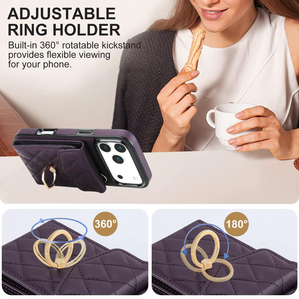 Compatible with iPhone 18 Pro Max & 17 Pro Max Rhombic Texture Card Bag Phone Case with Long Lanyard - Dark Purple