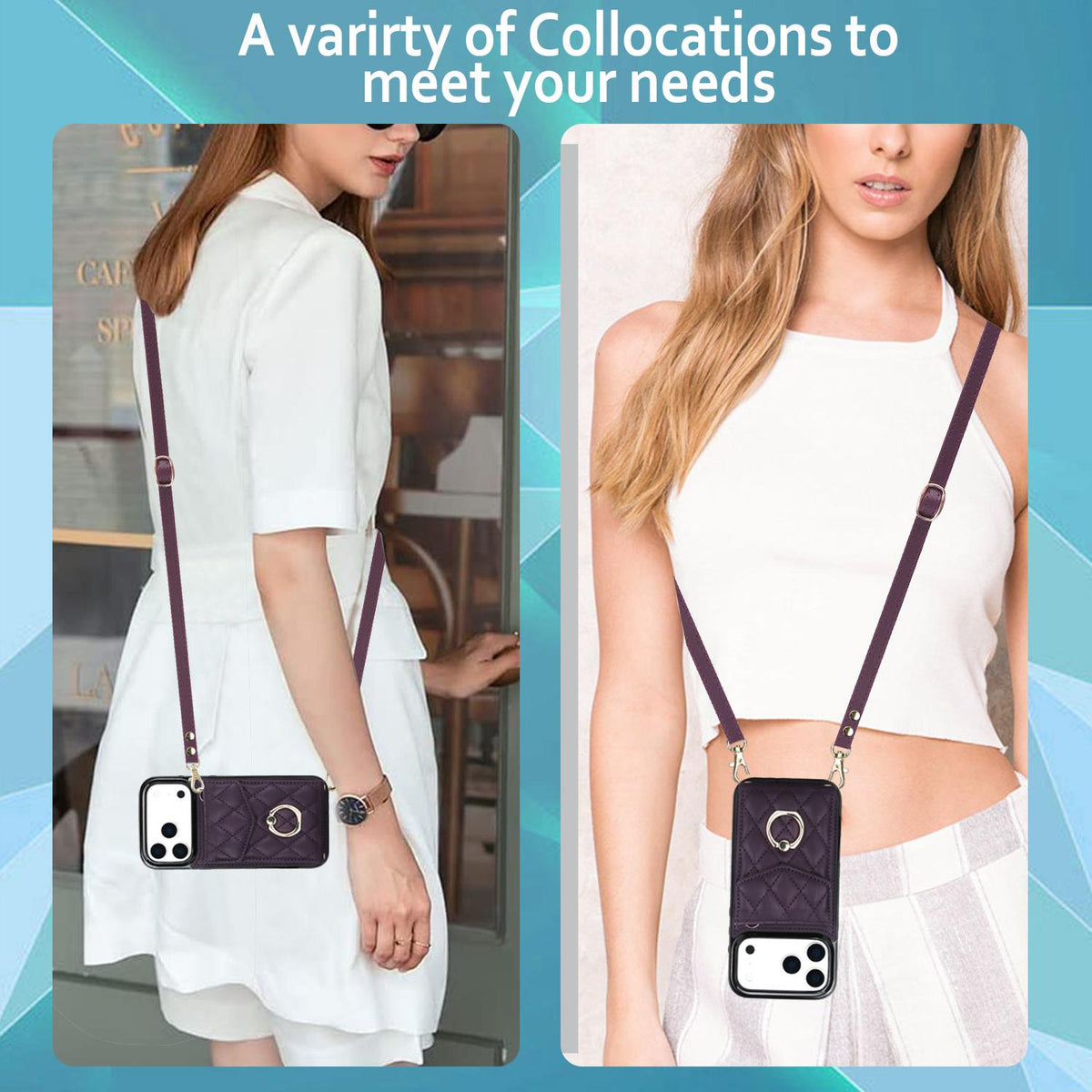 Compatible with iPhone 18 Pro Max & 17 Pro Max Rhombic Texture Card Bag Phone Case with Long Lanyard - Dark Purple