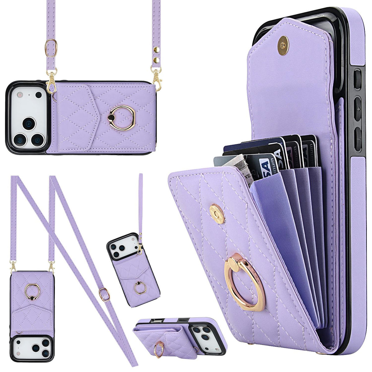Compatible with iPhone 18 Pro Max & 17 Pro Max Rhombic Texture Card Bag Phone Case with Long Lanyard - Light Purple