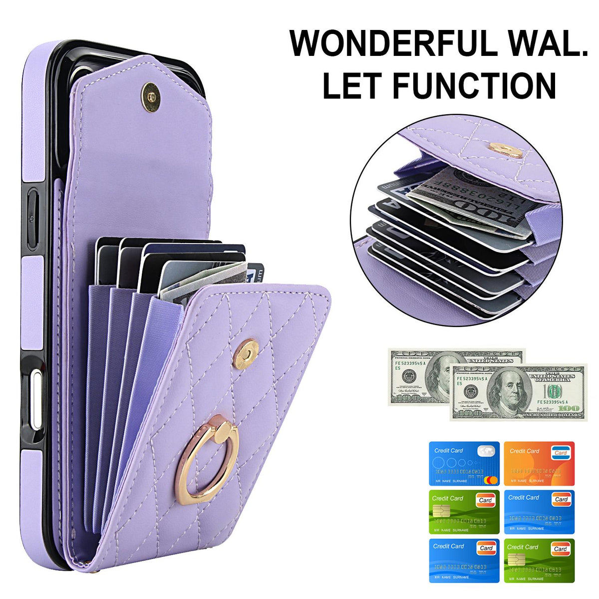 Compatible with iPhone 18 Pro Max & 17 Pro Max Rhombic Texture Card Bag Phone Case with Long Lanyard - Light Purple