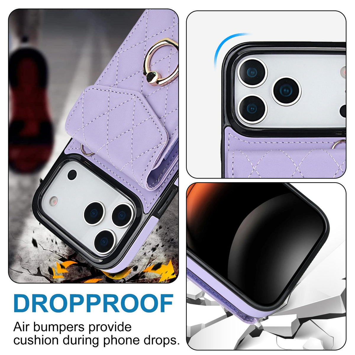 Compatible with iPhone 18 Pro Max & 17 Pro Max Rhombic Texture Card Bag Phone Case with Long Lanyard - Light Purple