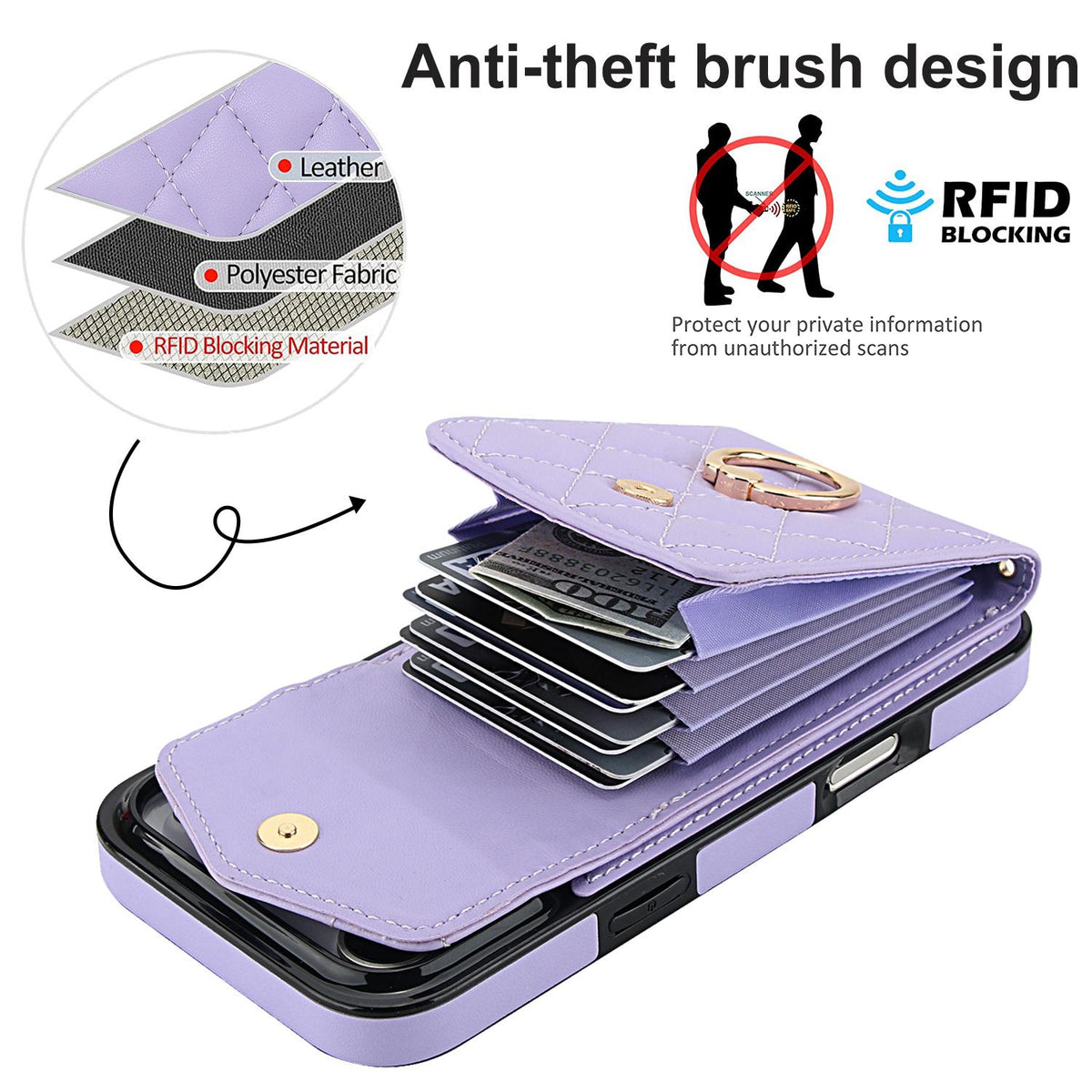 Compatible with iPhone 18 Pro Max & 17 Pro Max Rhombic Texture Card Bag Phone Case with Long Lanyard - Light Purple