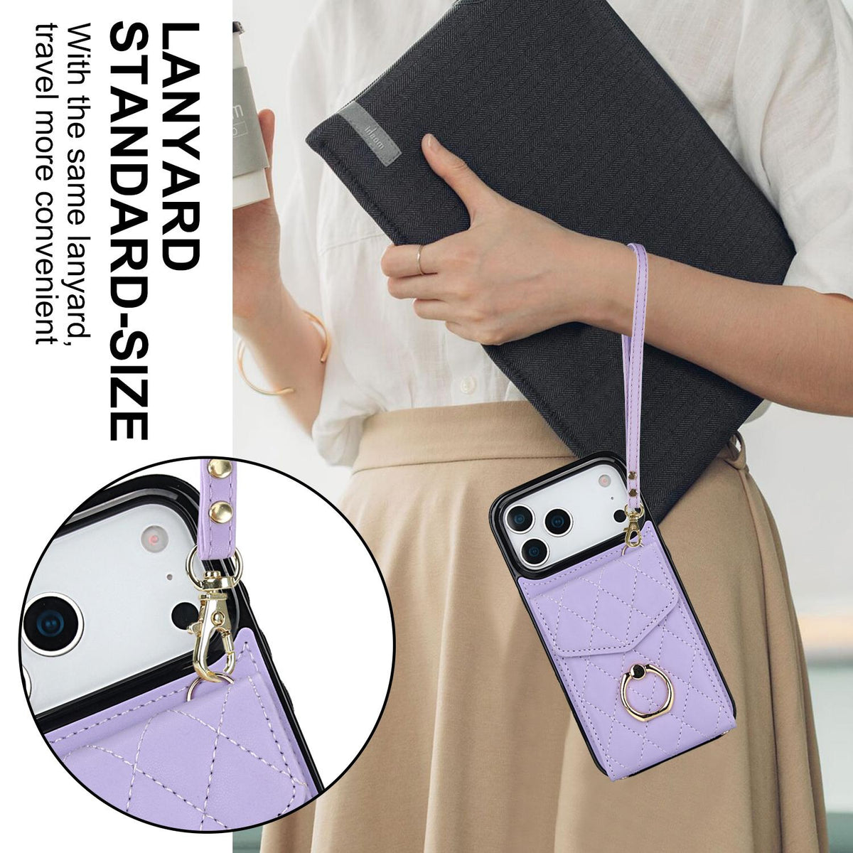 Compatible with iPhone 18 Pro Max & 17 Pro Max Rhombic Texture Card Bag Phone Case with Long Lanyard - Light Purple