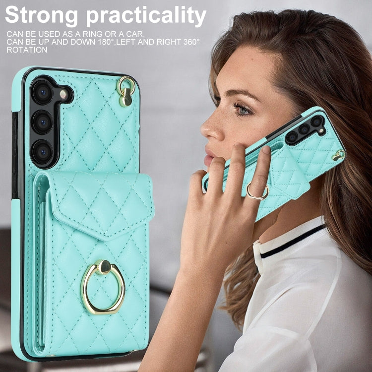 For Samsung Galaxy S24 5G Rhombic Texture Card Bag Phone Case with Long Lanyard(Mint Green)