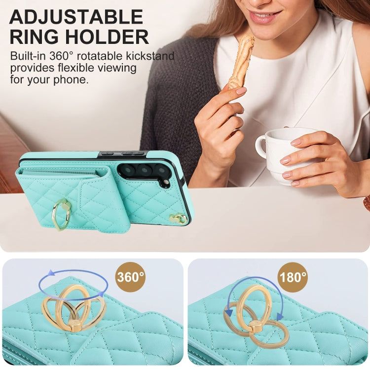 For Samsung Galaxy S24 5G Rhombic Texture Card Bag Phone Case with Long Lanyard(Mint Green)