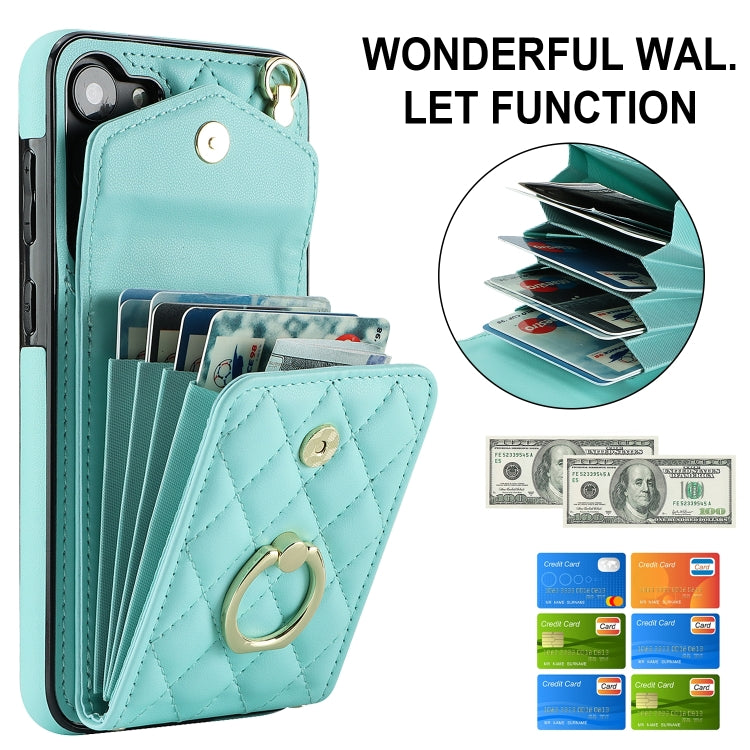 For Samsung Galaxy S24 5G Rhombic Texture Card Bag Phone Case with Long Lanyard(Mint Green)