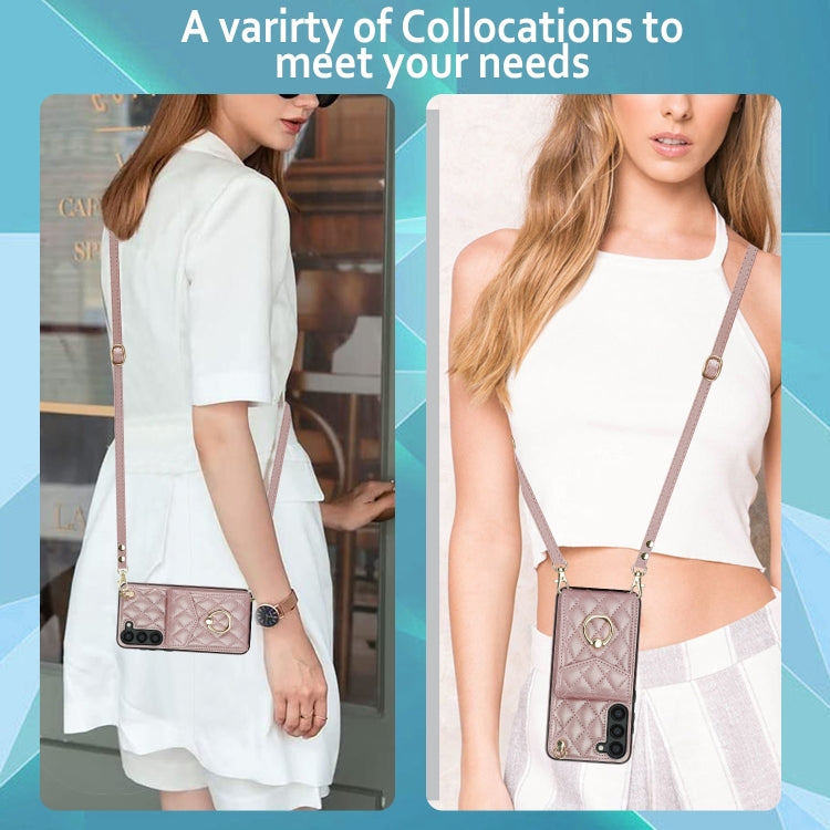 For Samsung Galaxy S24 5G Rhombic Texture Card Bag Phone Case with Long Lanyard(Rose Gold)