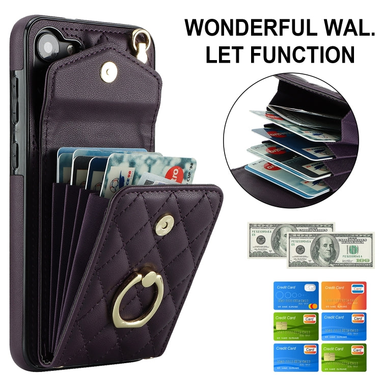 For Samsung Galaxy S24 5G Rhombic Texture Card Bag Phone Case with Long Lanyard(Dark Purple)