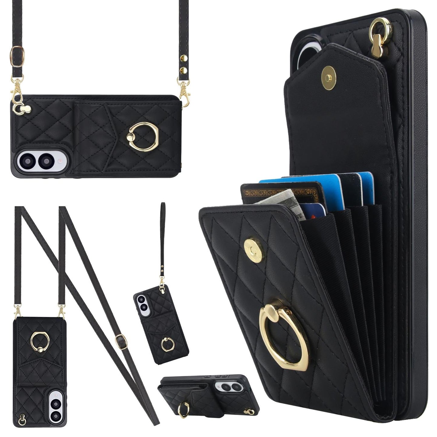 For Samsung Galaxy S25 Edge 5G Rhombic Texture Card Bag Phone Case with Long Lanyard(Black)
