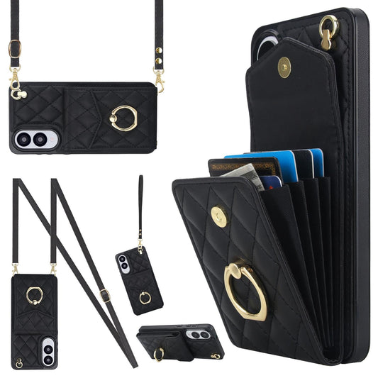 For Samsung Galaxy S25 Edge 5G Rhombic Texture Card Bag Phone Case with Long Lanyard(Black)