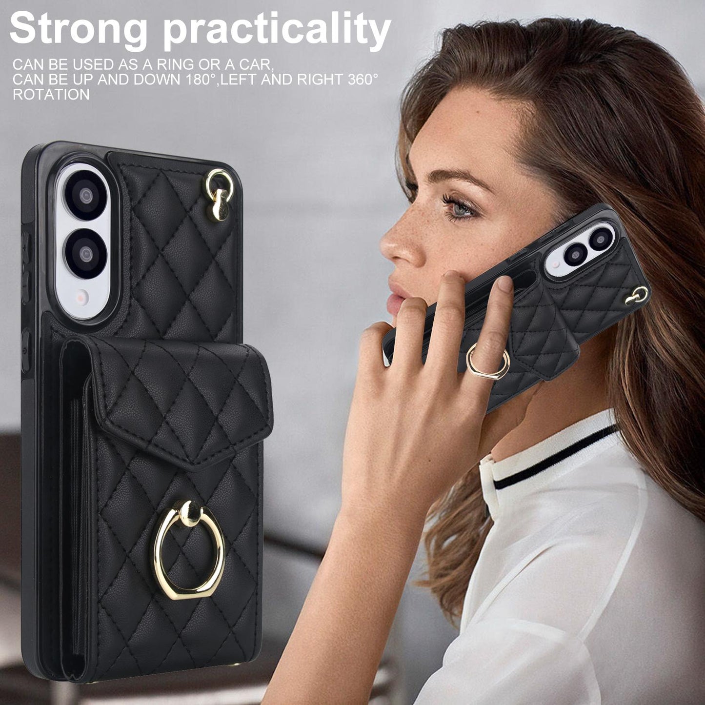 For Samsung Galaxy S25 Edge 5G Rhombic Texture Card Bag Phone Case with Long Lanyard(Black)