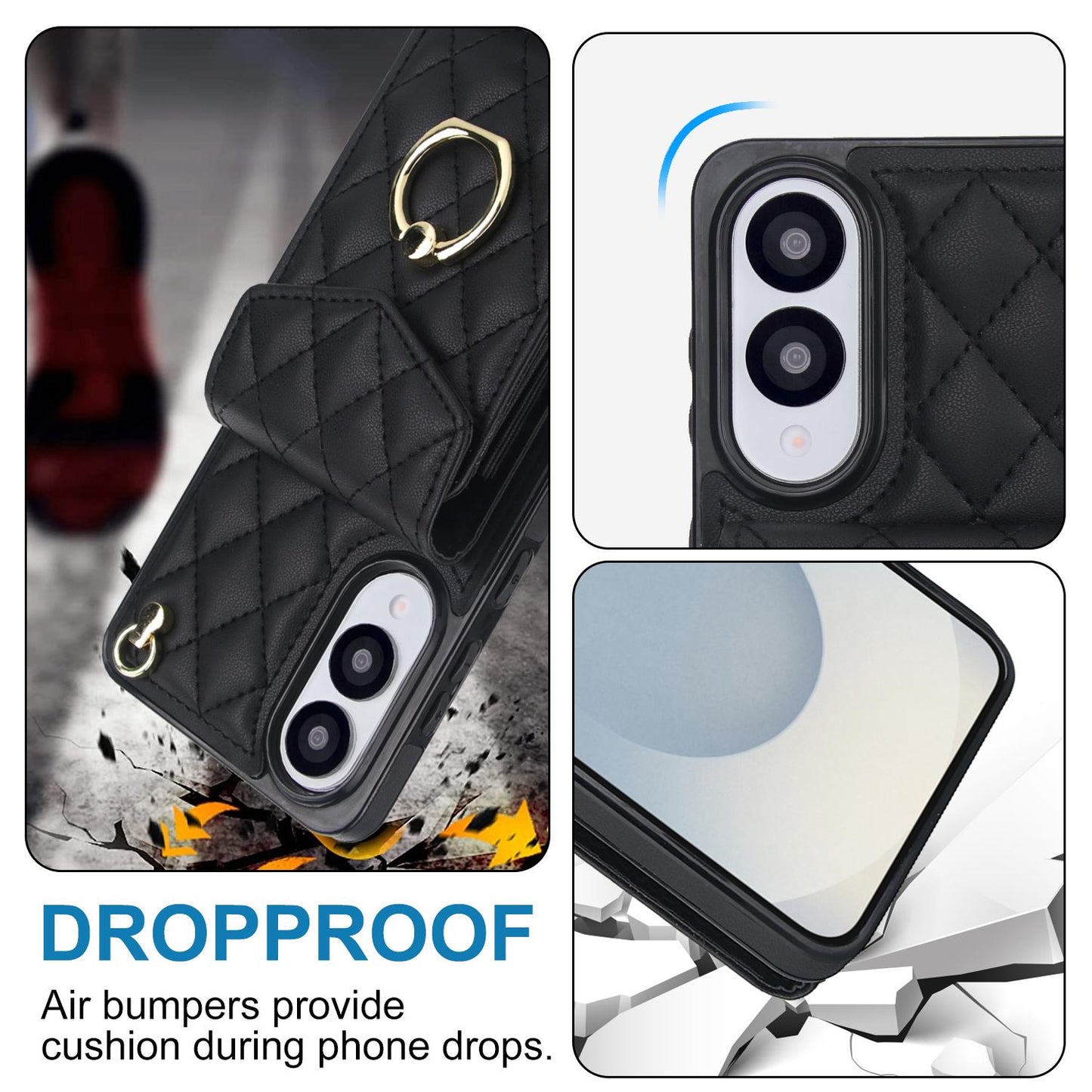 For Samsung Galaxy S25 Edge 5G Rhombic Texture Card Bag Phone Case with Long Lanyard(Black)