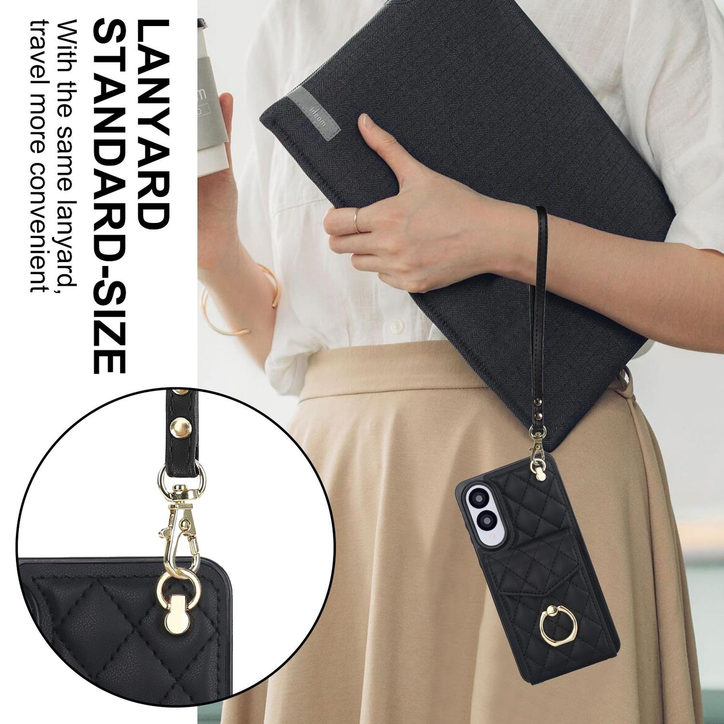 For Samsung Galaxy S25 Edge 5G Rhombic Texture Card Bag Phone Case with Long Lanyard(Black)