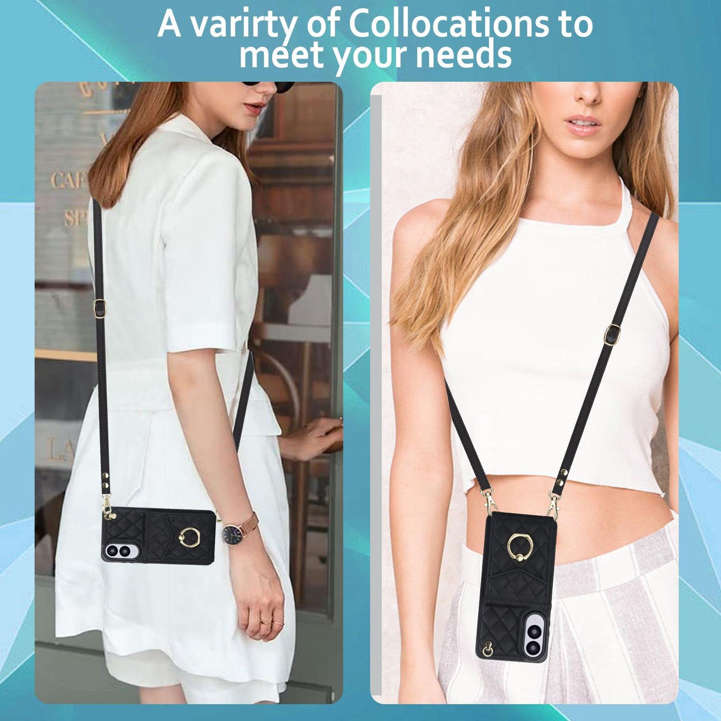 For Samsung Galaxy S25 Edge 5G Rhombic Texture Card Bag Phone Case with Long Lanyard(Black)