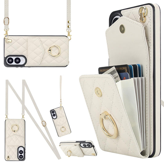 For Samsung Galaxy S25 Edge 5G Rhombic Texture Card Bag Phone Case with Long Lanyard(White)