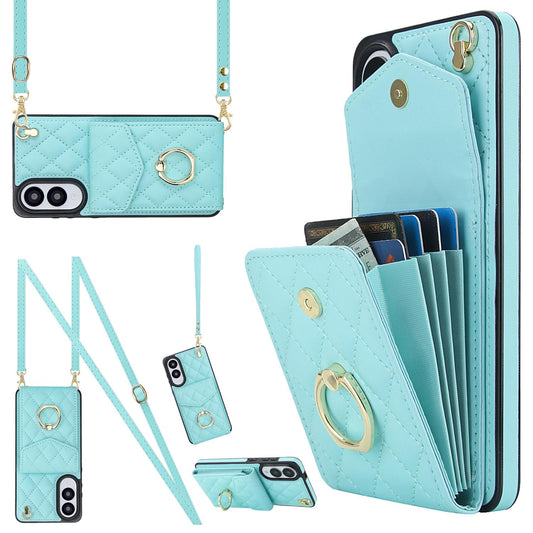 For Samsung Galaxy S25 Edge 5G Rhombic Texture Card Bag Phone Case with Long Lanyard(Mint Green)