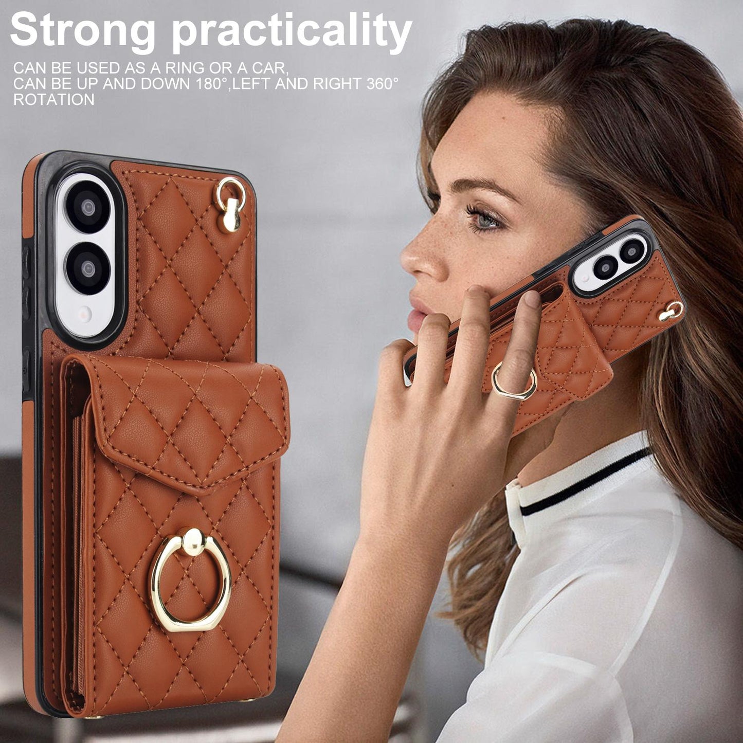 For Samsung Galaxy S25 Edge 5G Rhombic Texture Card Bag Phone Case with Long Lanyard(Brown)