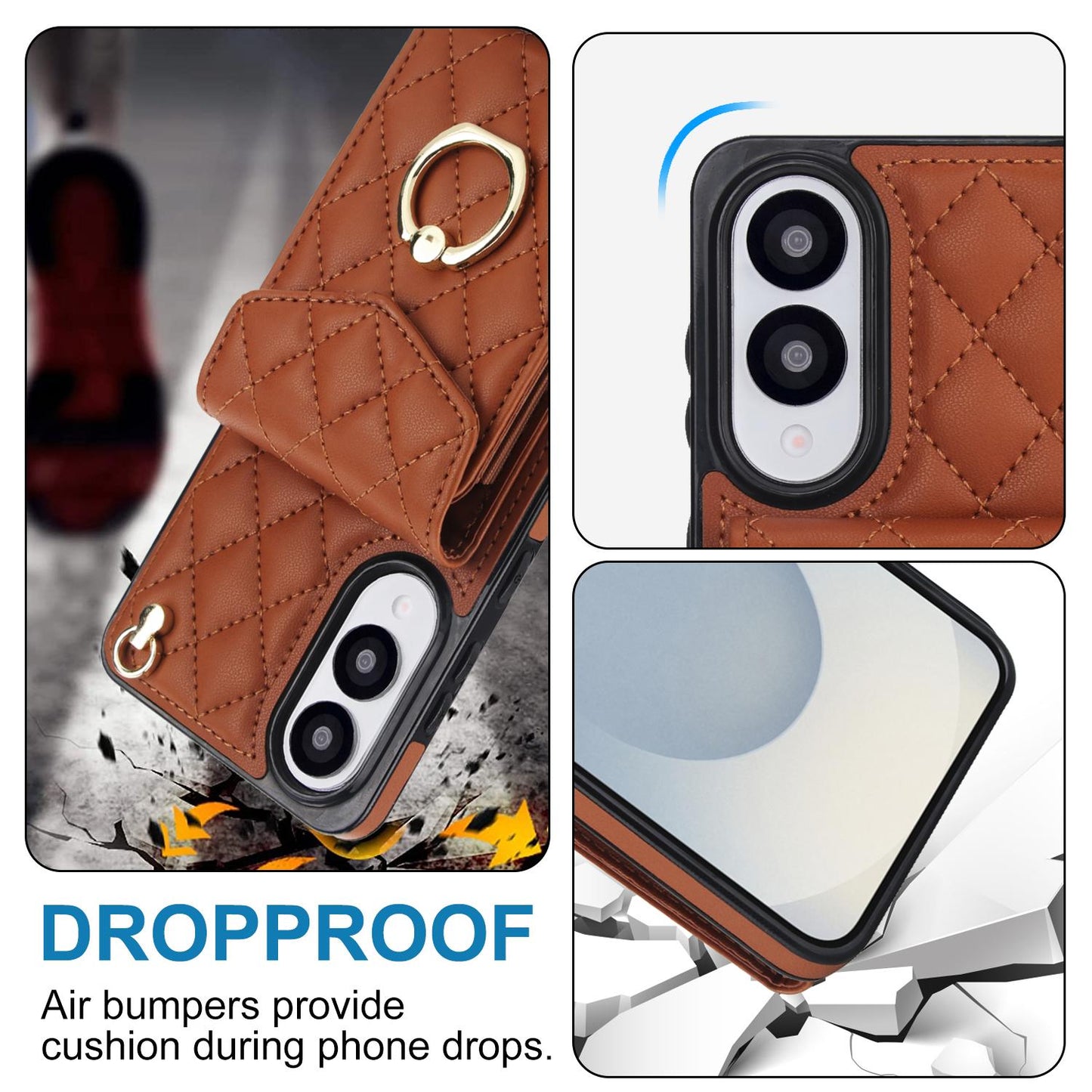 For Samsung Galaxy S25 Edge 5G Rhombic Texture Card Bag Phone Case with Long Lanyard(Brown)