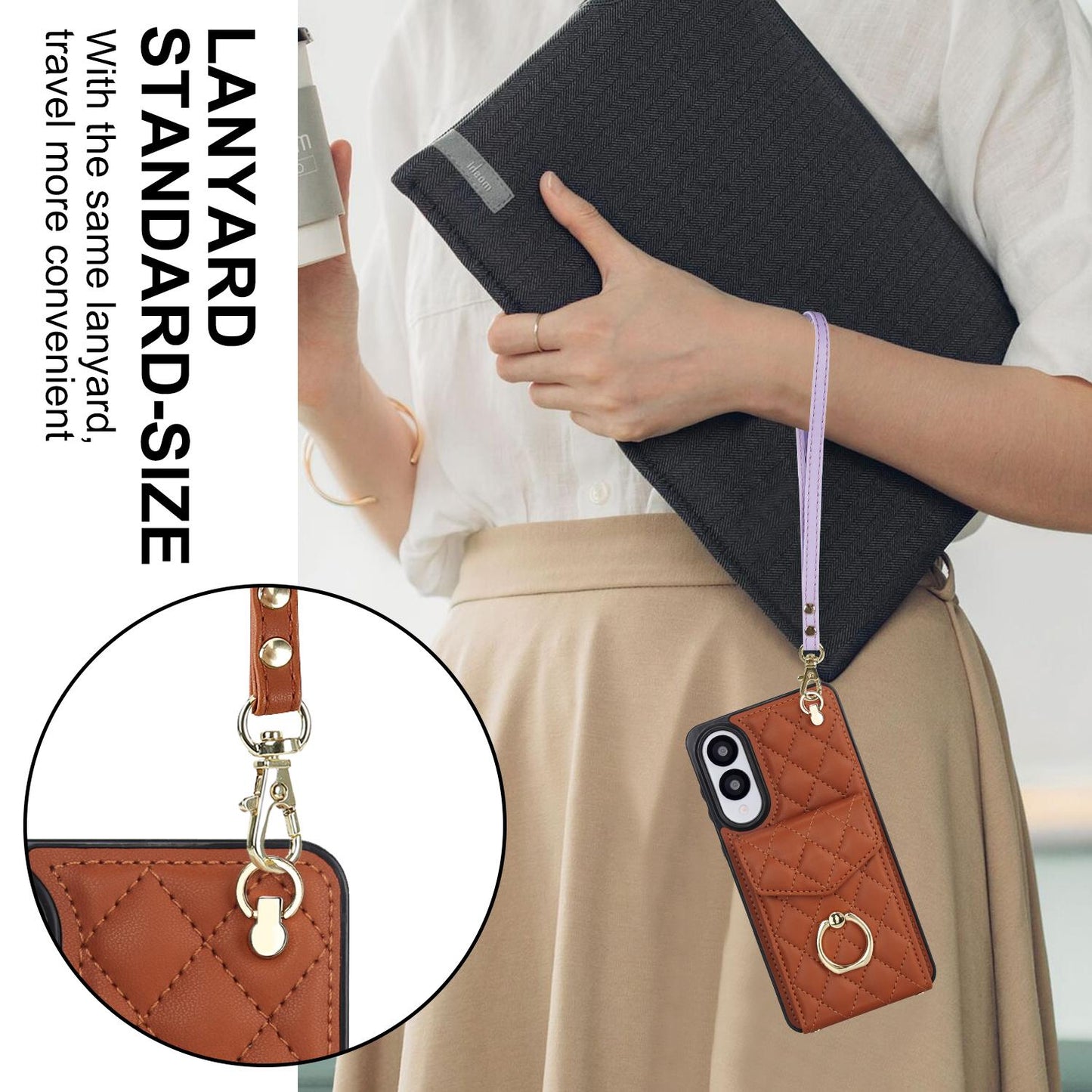 For Samsung Galaxy S25 Edge 5G Rhombic Texture Card Bag Phone Case with Long Lanyard(Brown)