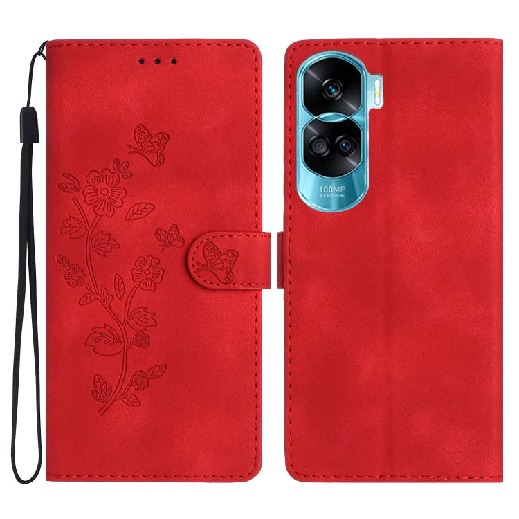 For Honor 90 Lite Flower Butterfly Embossing Pattern Leather Phone Case(Red)