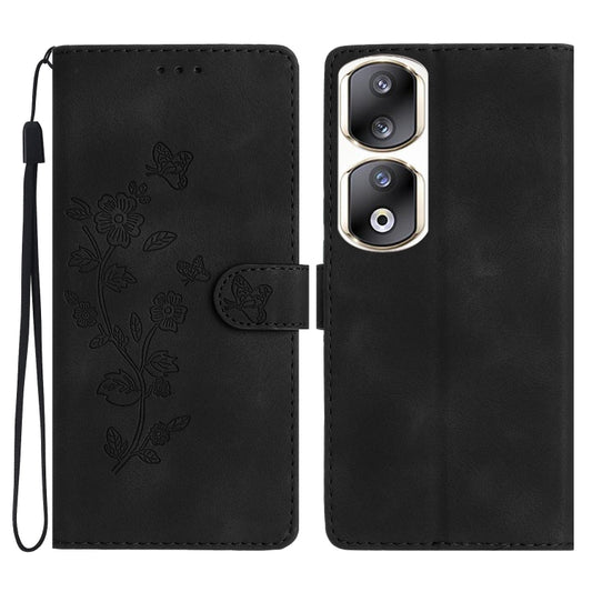 For Honor 90 Pro Flower Butterfly Embossing Pattern Leather Phone Case(Black)