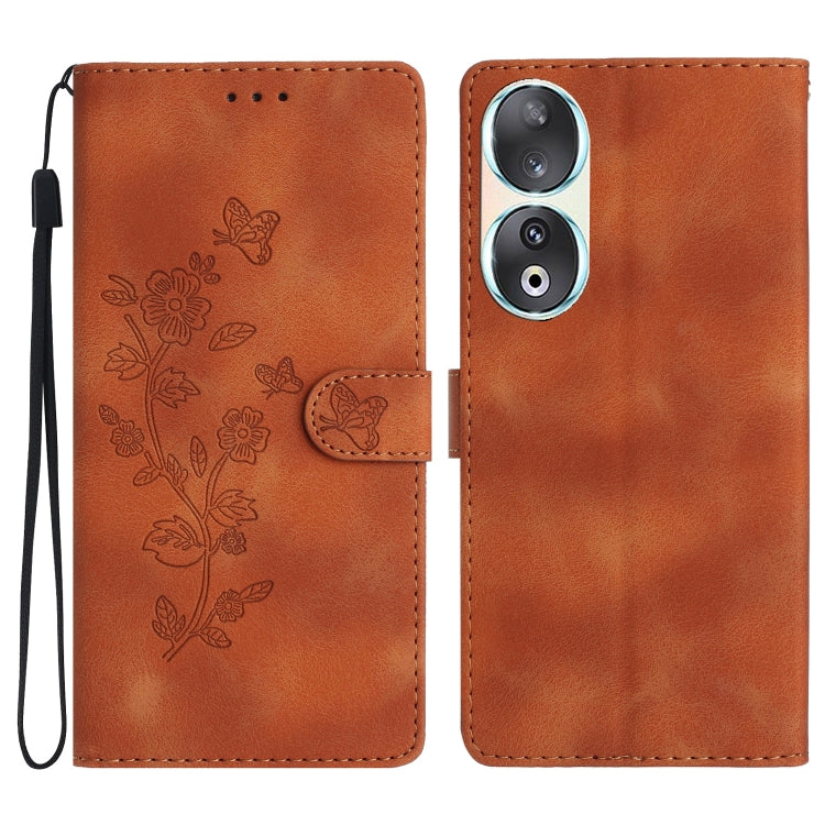 For Honor 90 Flower Butterfly Embossing Pattern Leather Phone Case(Brown)
