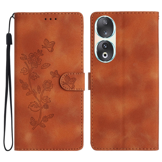 For Honor 90 Flower Butterfly Embossing Pattern Leather Phone Case(Brown)