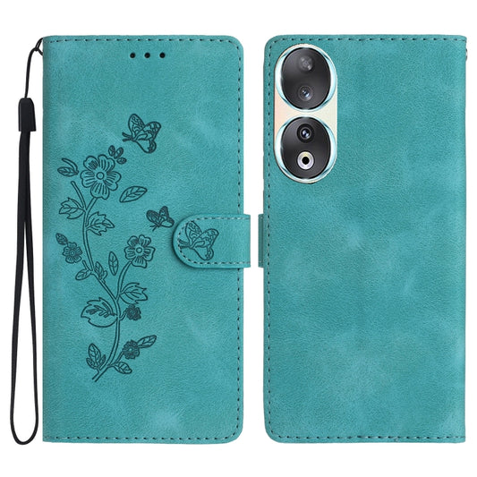 For Honor 90 Flower Butterfly Embossing Pattern Leather Phone Case(Sky Blue)