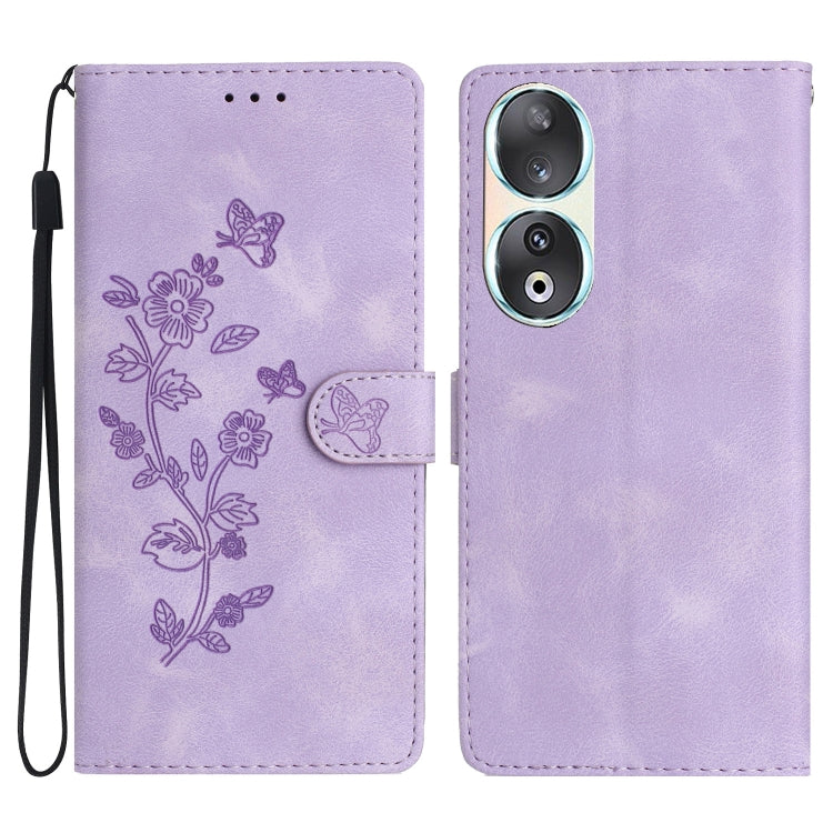 For Honor 90 Flower Butterfly Embossing Pattern Leather Phone Case(Purple)