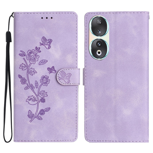 For Honor 90 Flower Butterfly Embossing Pattern Leather Phone Case(Purple)