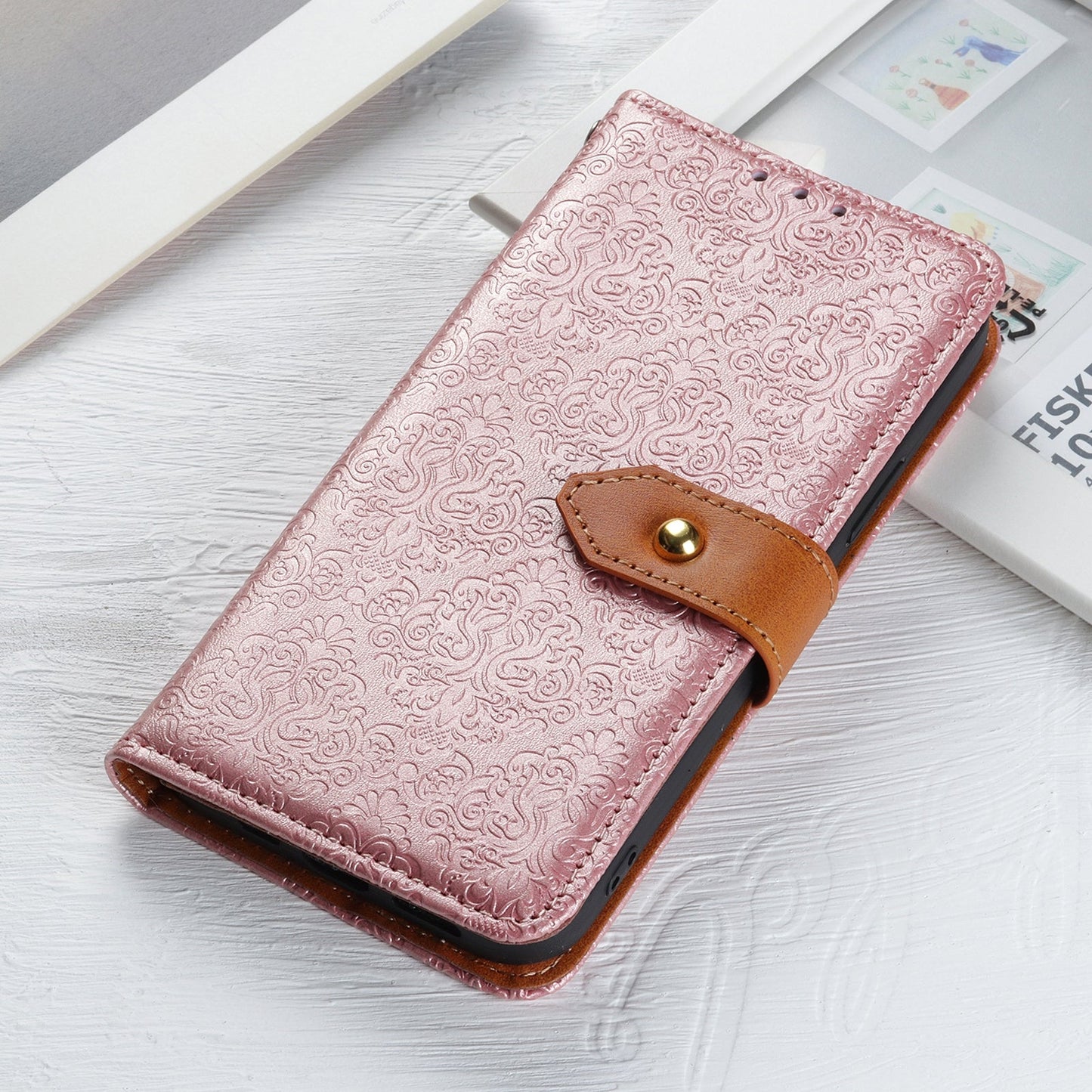 For iPhone 16e European Floral Embossed Leather Phone Case(Pink)