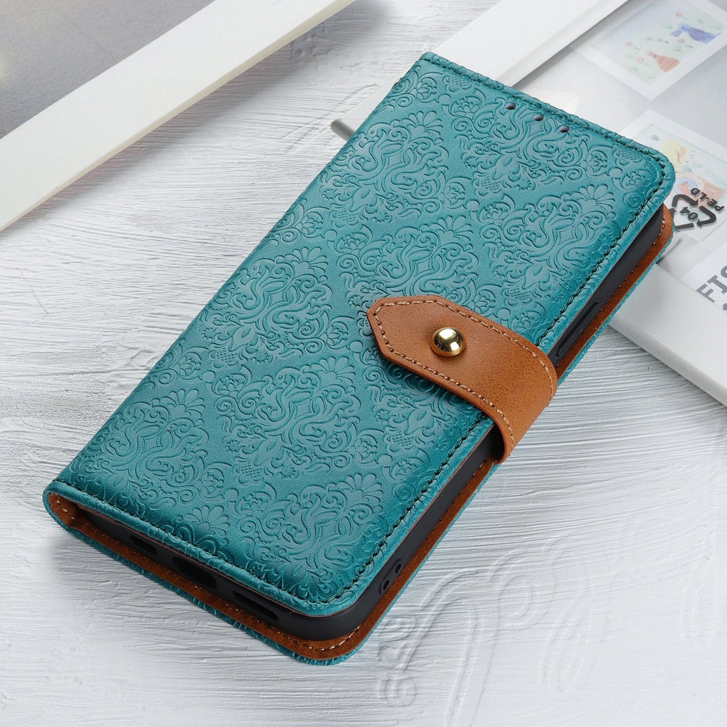 For iPhone 16e European Floral Embossed Leather Phone Case(Blue)