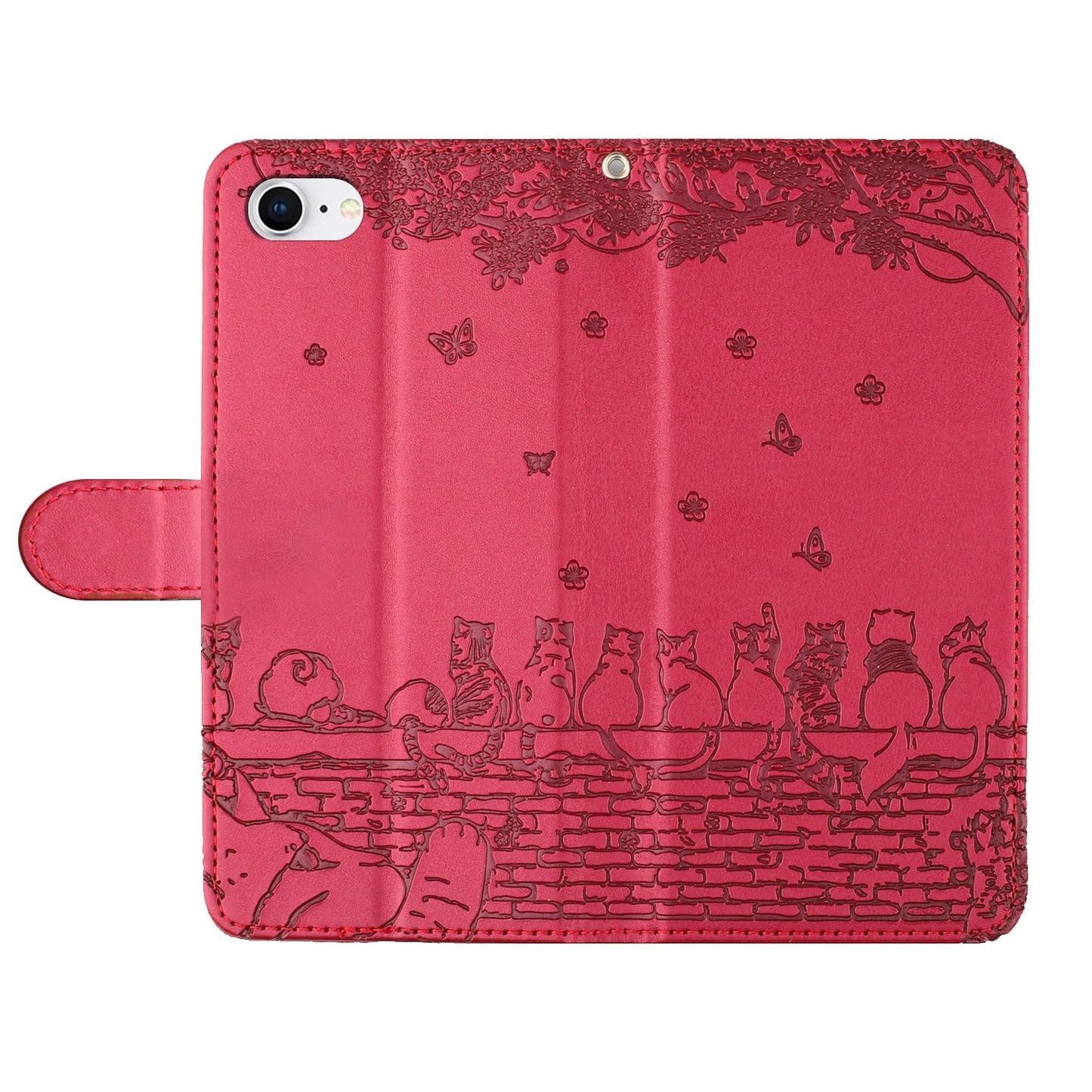 For iPhone 16e Cat Embossing Pattern Leather Phone Case with Lanyard(Red)