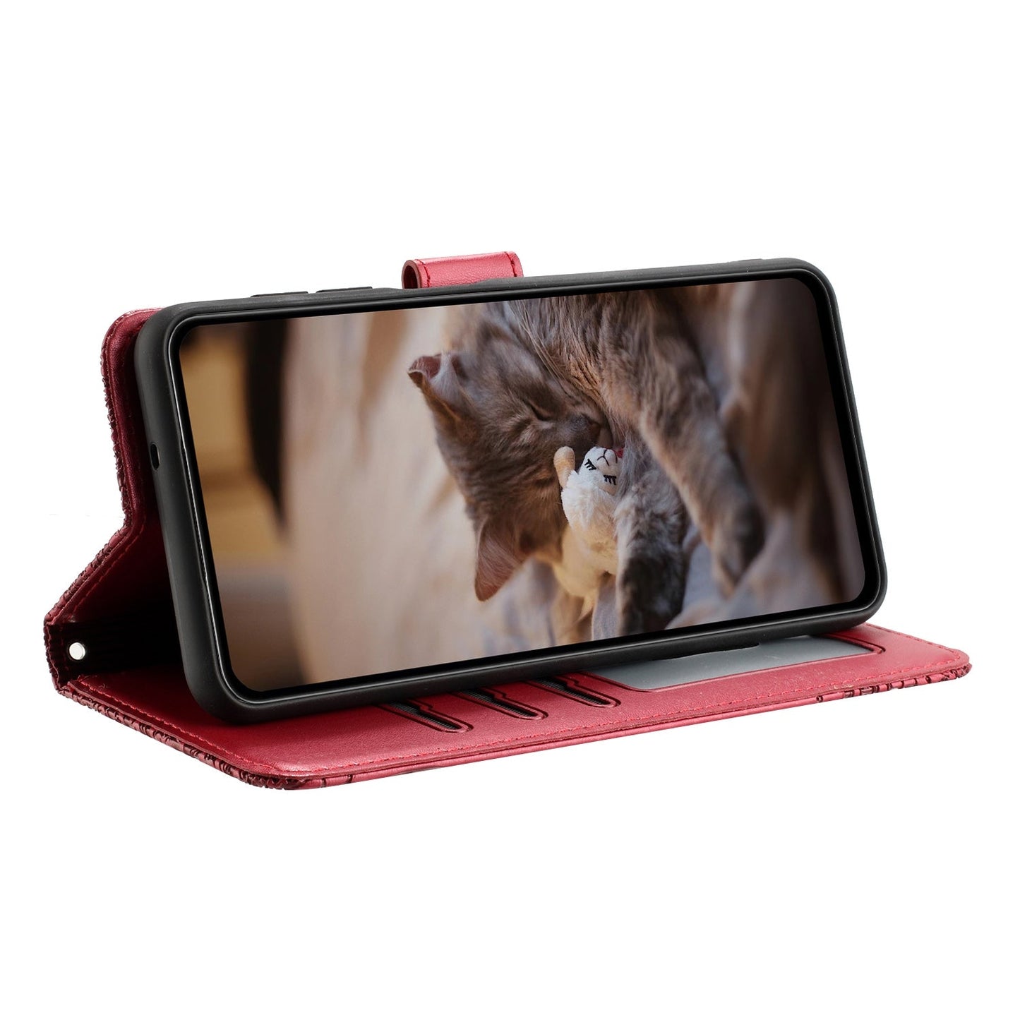 For iPhone 16e Cat Embossing Pattern Leather Phone Case with Lanyard(Red)
