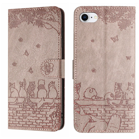 For iPhone 16e Cat Embossing Pattern Leather Phone Case with Lanyard(Grey)