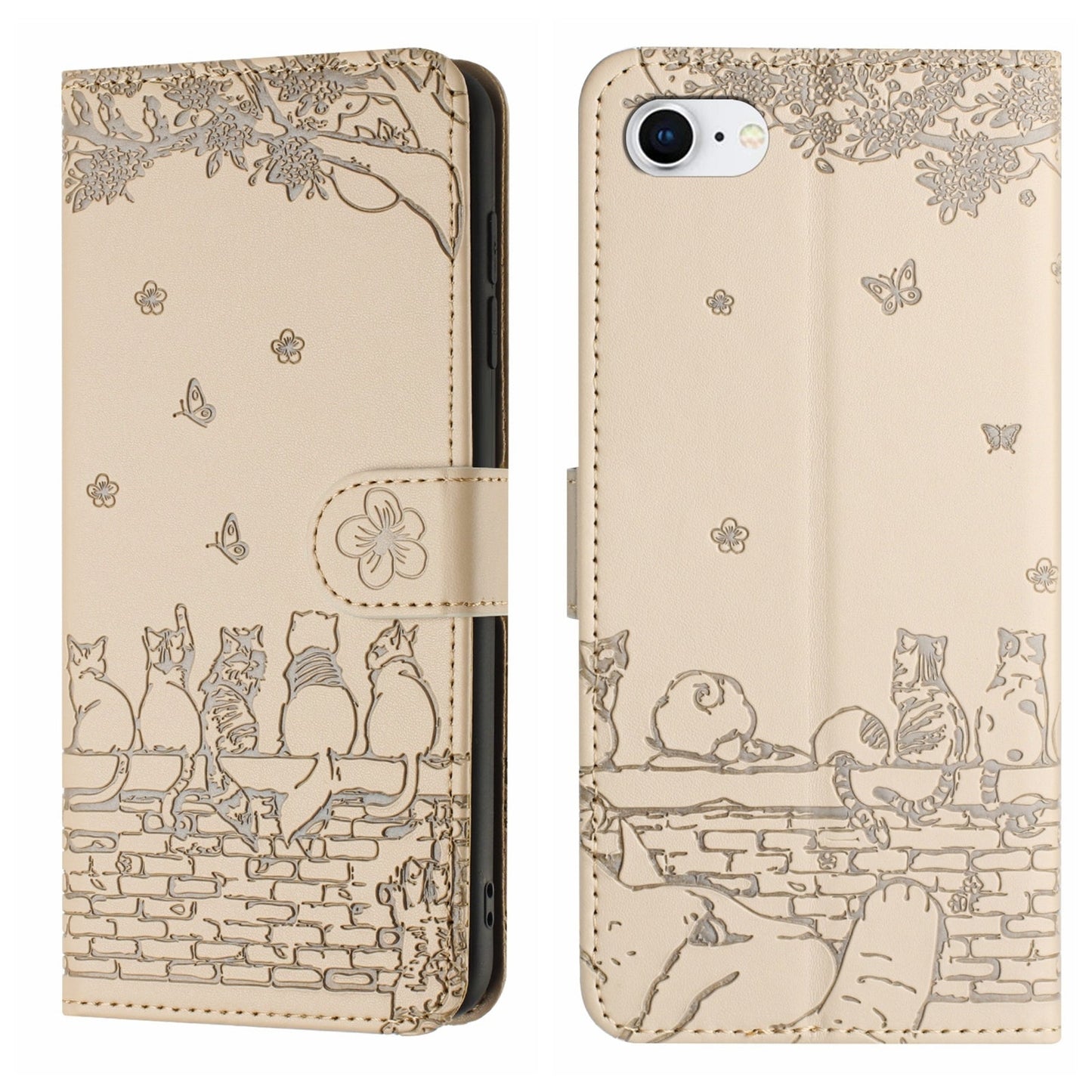 For iPhone 16e Cat Embossing Pattern Leather Phone Case with Lanyard(Beige)