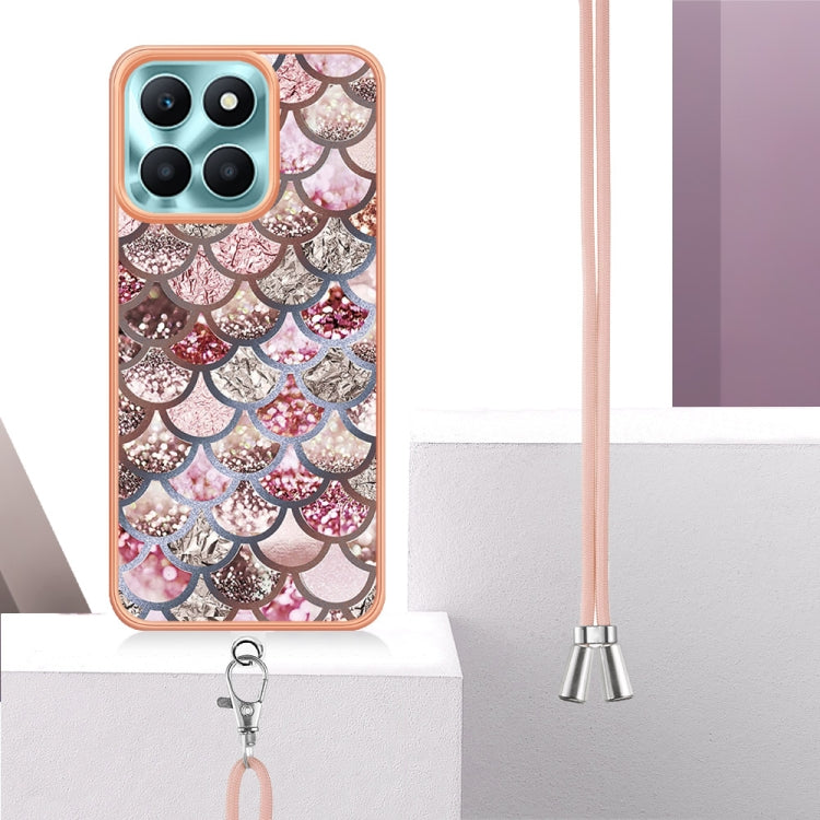 For Honor X6a Electroplating IMD TPU Phone Case with Lanyard(Pink Scales)