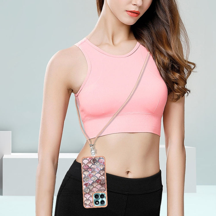 For Honor X6a Electroplating IMD TPU Phone Case with Lanyard(Pink Scales)