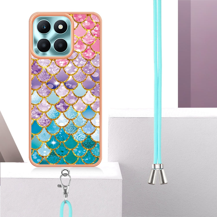For Honor X6a Electroplating IMD TPU Phone Case with Lanyard(Colorful Scales)