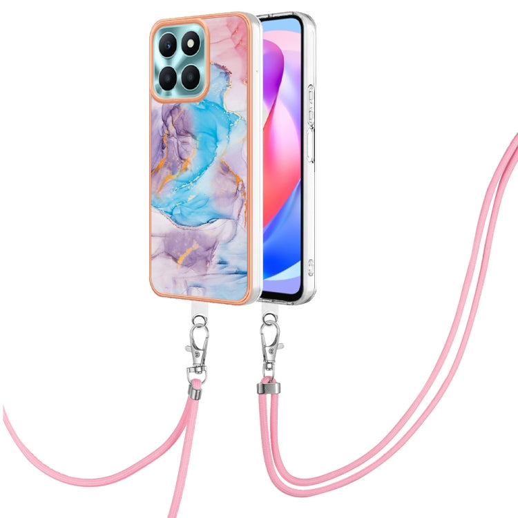 For Honor X6a Electroplating IMD TPU Phone Case with Lanyard(Blue Marble)