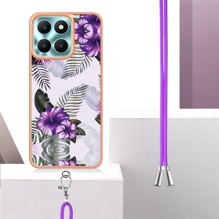 For Honor X6a Electroplating IMD TPU Phone Case with Lanyard(Purple Flower)