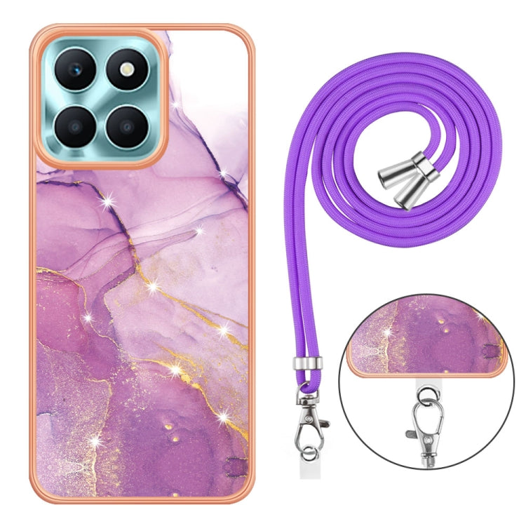 For Honor X6a Electroplating Marble Dual-side IMD Phone Case with Lanyard(Purple 001)