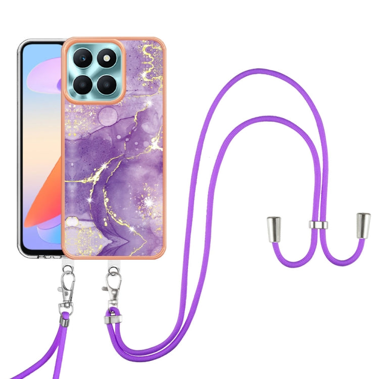 For Honor X6a Electroplating Marble Dual-side IMD Phone Case with Lanyard(Purple 002)