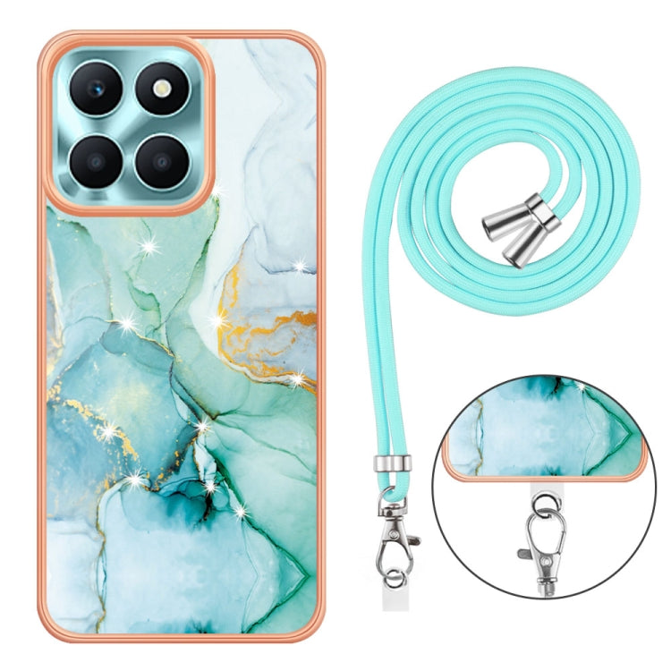 For Honor X6a Electroplating Marble Dual-side IMD Phone Case with Lanyard(Green 003)