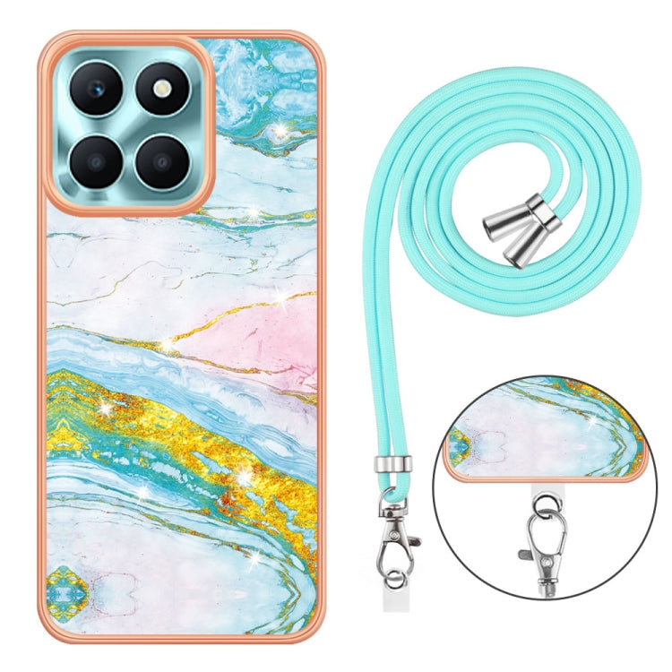 For Honor X6a Electroplating Marble Dual-side IMD Phone Case with Lanyard(Green 004)