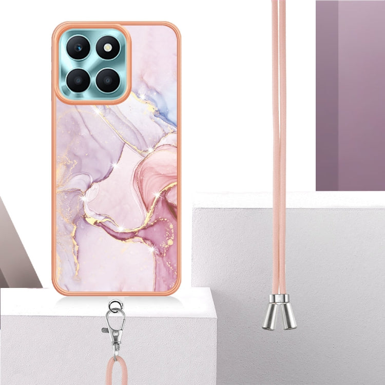 For Honor X6a Electroplating Marble Dual-side IMD Phone Case with Lanyard(Rose Gold 005)