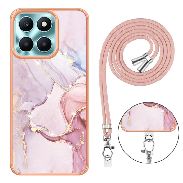 For Honor X6a Electroplating Marble Dual-side IMD Phone Case with Lanyard(Rose Gold 005)