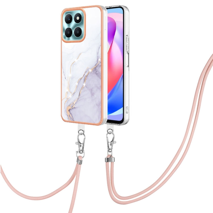 For Honor X6a Electroplating Marble Dual-side IMD Phone Case with Lanyard(White 006)
