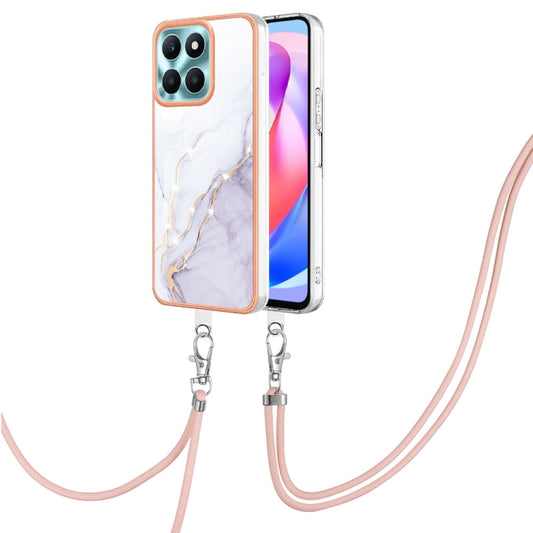 For Honor X6a Electroplating Marble Dual-side IMD Phone Case with Lanyard(White 006)